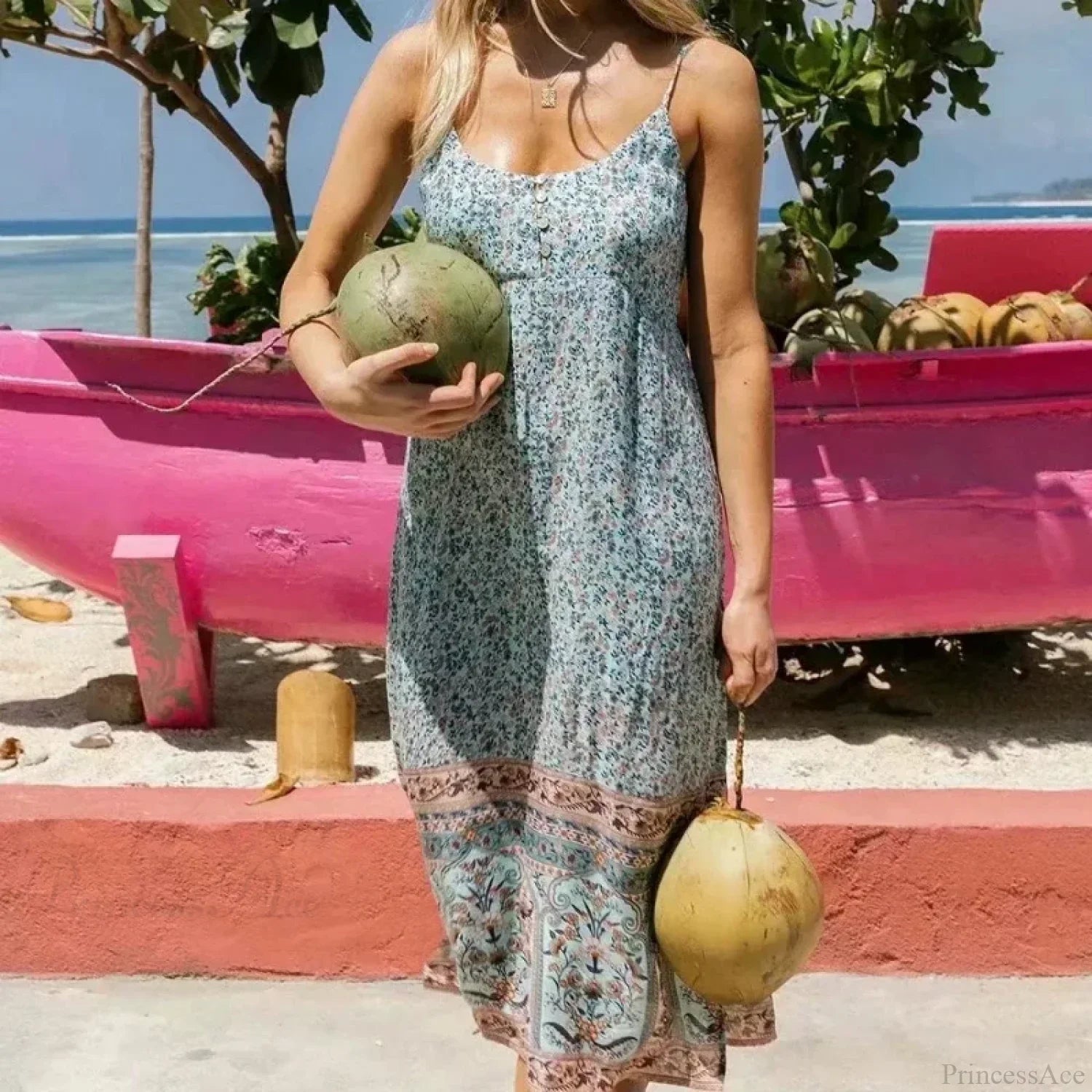 Floral Print Sleeveless Strap Rayon Cotton Midi Boho Dress image 1