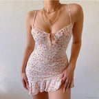 Floral Print Spaghetti Strap Low Cut Lace-up Ruffled Floral Dress image 8
