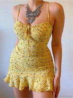 Floral Print Spaghetti Strap Low Cut Lace-up Ruffled Floral Dress image 1