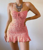 Floral Print Spaghetti Strap Low Cut Lace-up Ruffled Floral Dress image 4