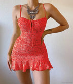 Floral Print Spaghetti Strap Low Cut Lace-up Ruffled Floral Dress image 5