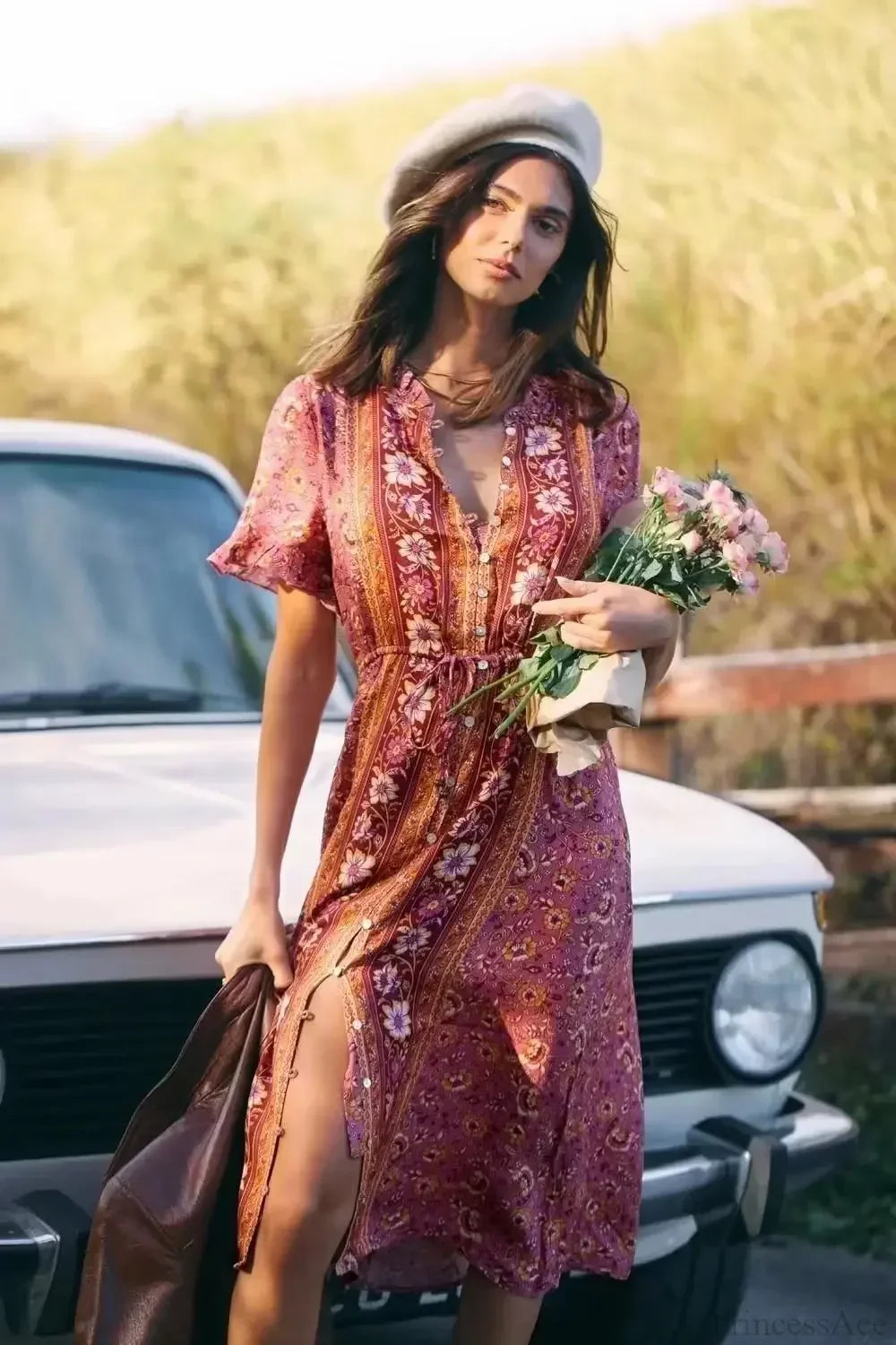 Floral Print Square Collar Short Sleeve Beachwear Boho Midi Dress image 1