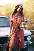 Floral Print Square Collar Short Sleeve Beachwear Boho Midi Dress image 1