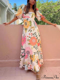 Floral Print Square Neck Graceful Bubble Sleeve Maxi Dress image 1