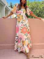 Floral Print Square Neck Graceful Bubble Sleeve Maxi Dress image 1