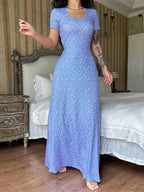 Floral Print T-Shirt Tie Back U-neck A-Line Long Floral Dress image 3