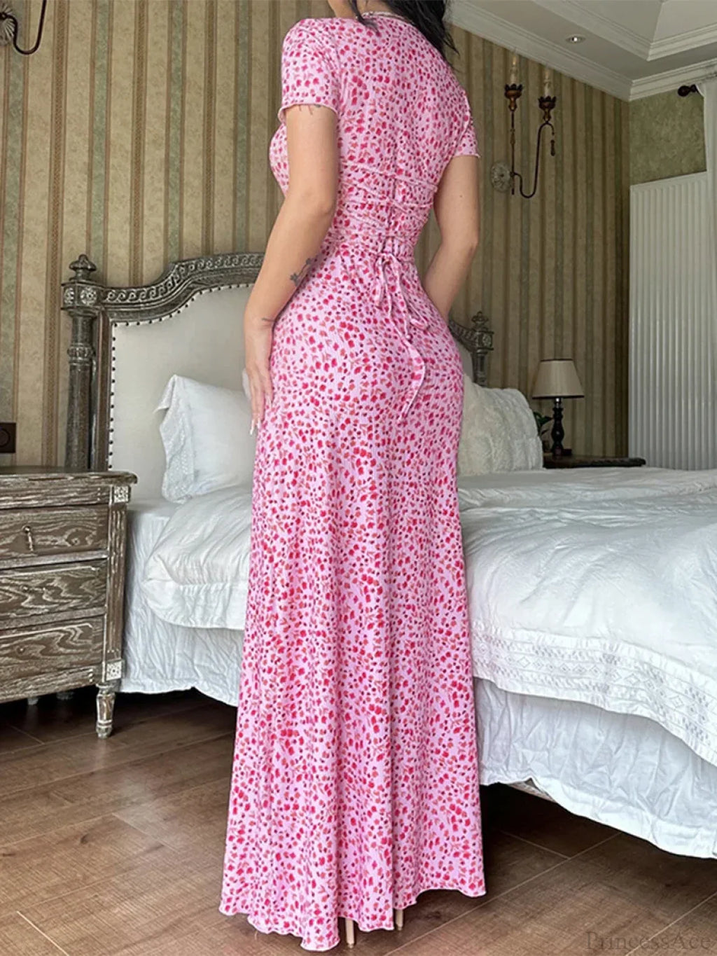 Floral Print T-Shirt Tie Back U-neck A-Line Long Floral Dress image 5
