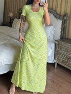 Floral Print T-Shirt Tie Back U-neck A-Line Long Floral Dress image 2