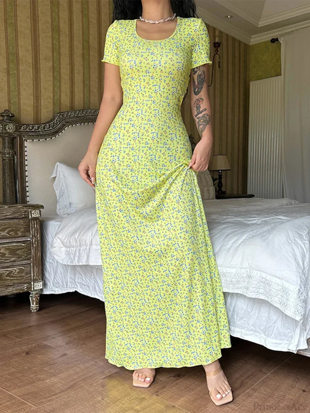 Floral Print T-Shirt Tie Back U-neck A-Line Long Floral Dress image 1