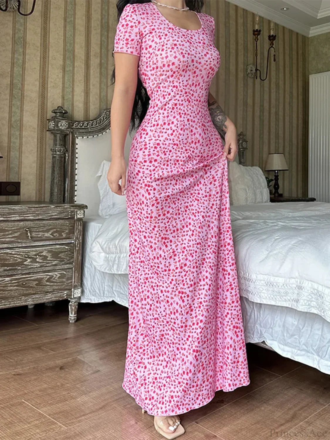 Floral Print T-Shirt Tie Back U-neck A-Line Long Floral Dress image 4