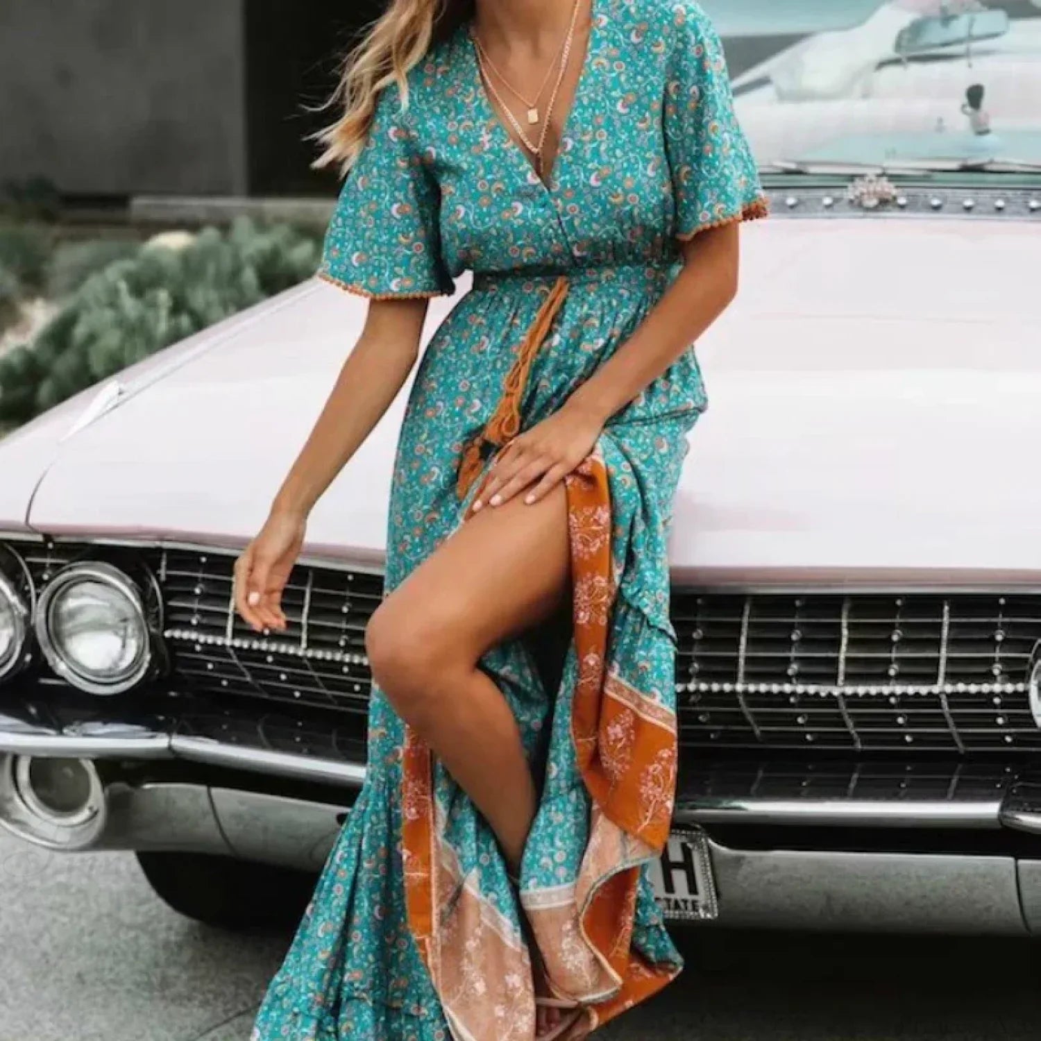 Floral Print Tassel V-neck Rayon Cotton Maxi Boho Dress image 1