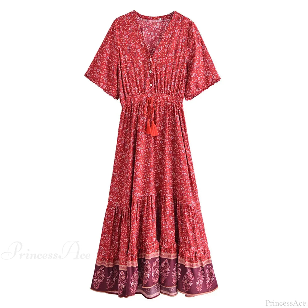 Floral Print Tassel V-neck Rayon Cotton Maxi Boho Dress image 6