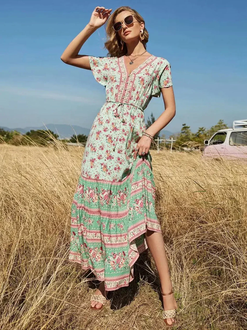 Floral Print V-neck Button Pleated Rayon Boho Dress image 2