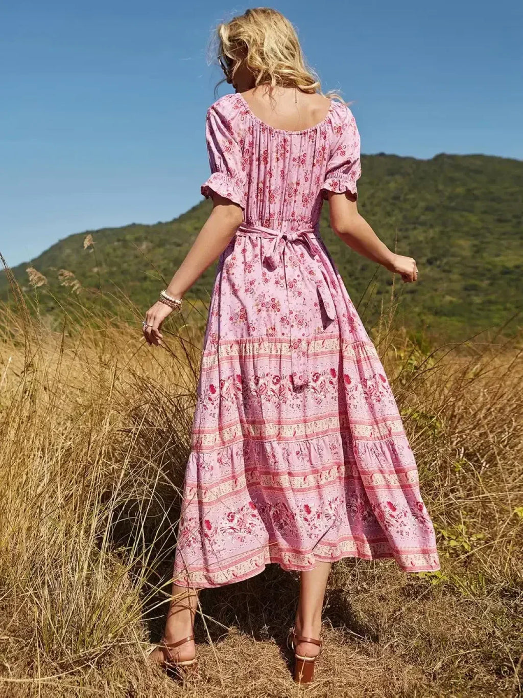 Floral Print V-neck Button Pleated Rayon Boho Dress image 3