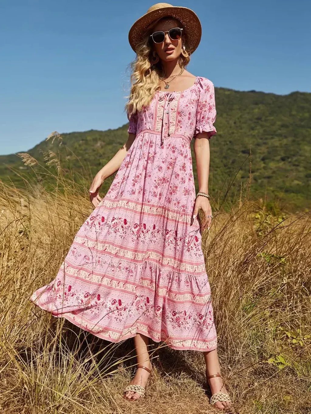 Floral Print V-neck Button Pleated Rayon Boho Dress image 1