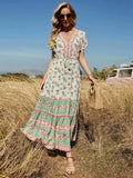 Floral Print V-neck Button Pleated Rayon Boho Dress image 1
