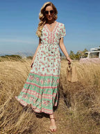 Floral Print V-neck Button Pleated Rayon Boho Dress image 1