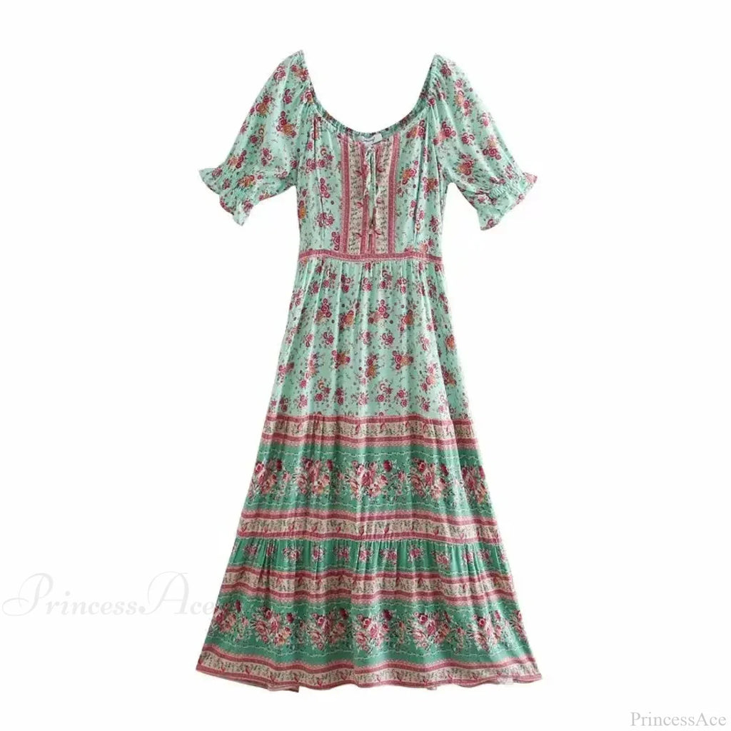 Floral Print V-neck Button Pleated Rayon Boho Dress image 4
