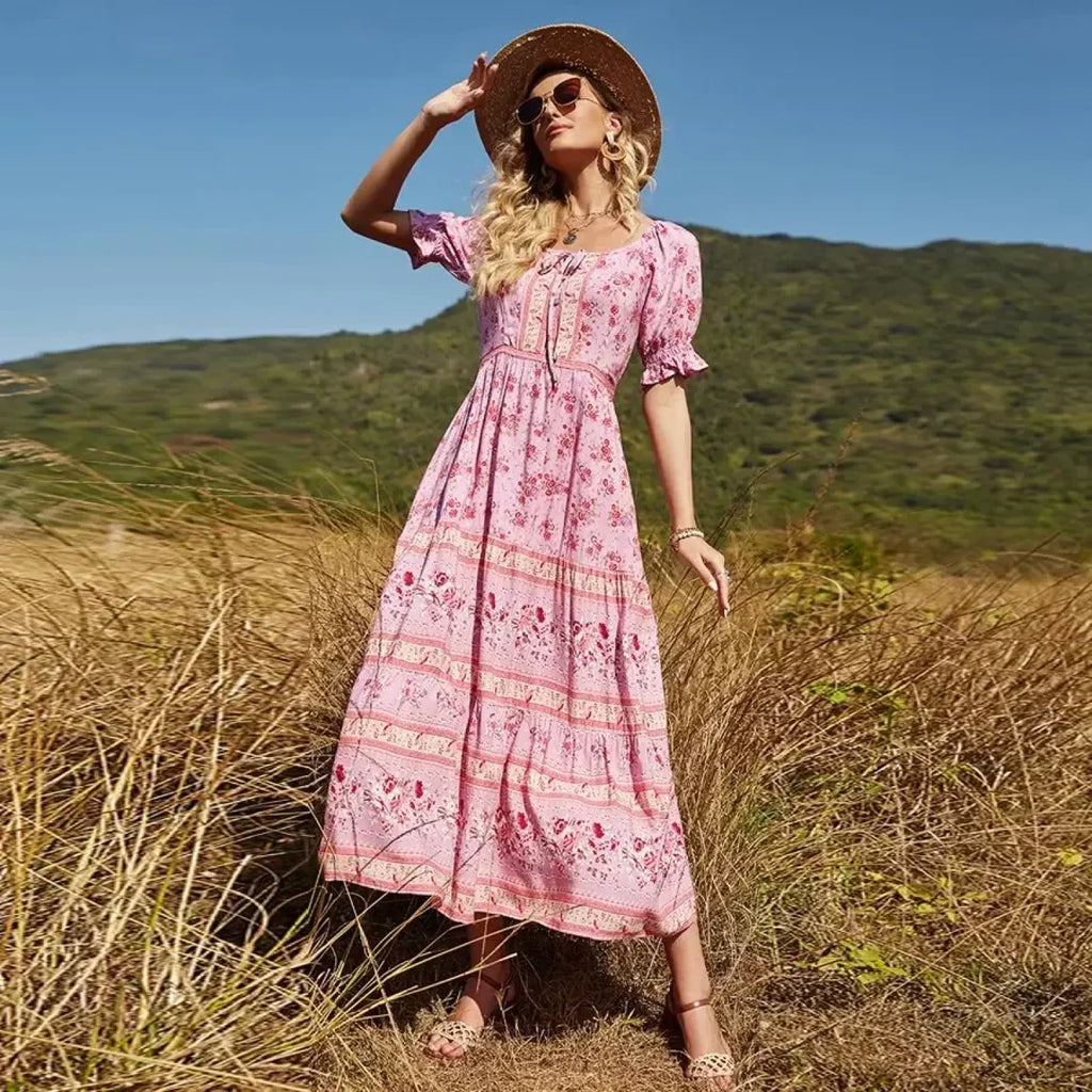 Floral Print V-neck Button Pleated Rayon Boho Dress image 2