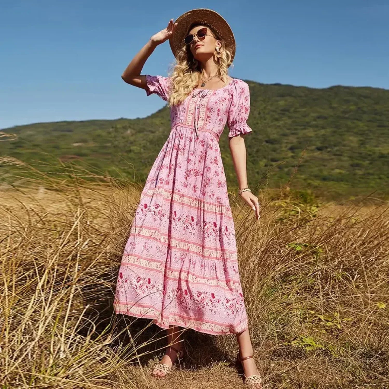 Floral Print V-neck Button Pleated Rayon Boho Dress image 2