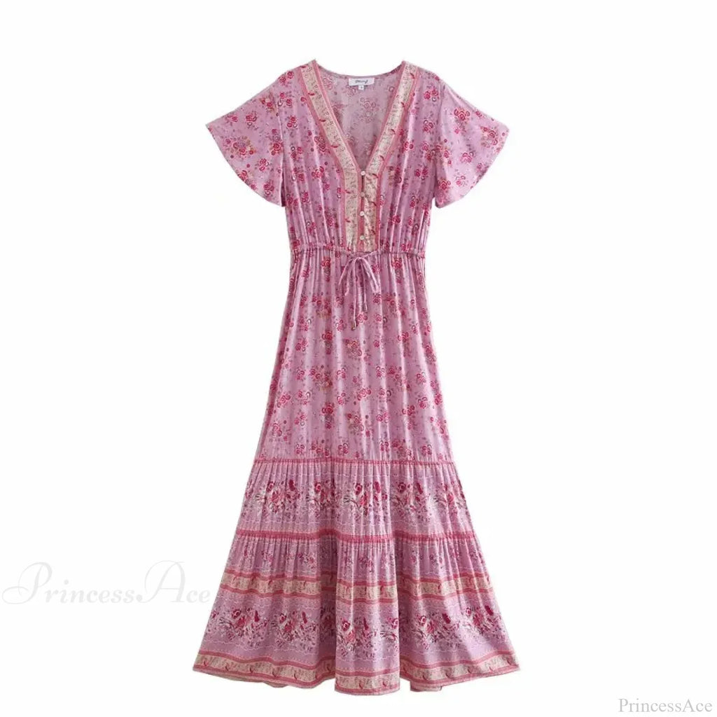 Floral Print V-neck Button Pleated Rayon Boho Dress image 3