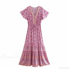 Floral Print V-neck Button Pleated Rayon Boho Dress image 3