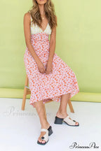 Floral Print V Neck Dress with Contrast Detail and Tie-back image 4