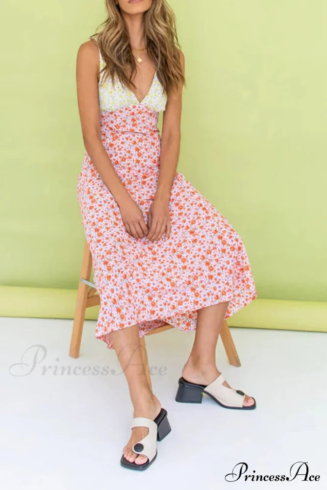 Floral Print V Neck Dress with Contrast Detail and Tie-back image 4