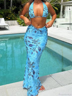 Floral Print V-Neck Slim Tank Tops High Waist Long Skirt Set image 2