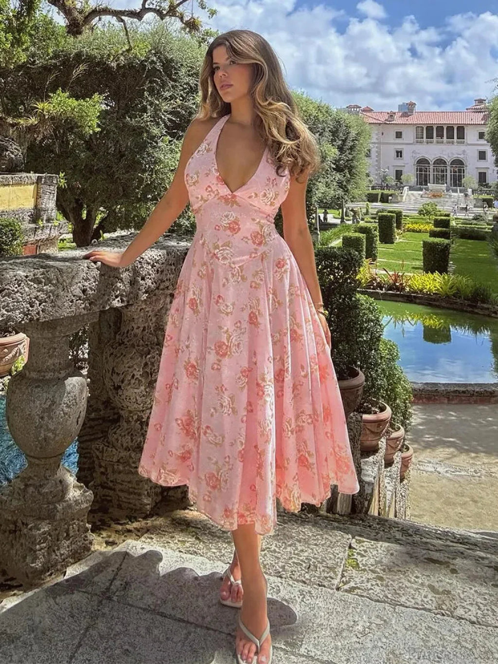Floral Print Waist Wrap A-line Vacation Dress image 1