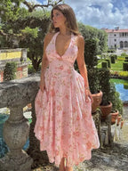 Floral Print Waist Wrap A-line Vacation Dress image 3