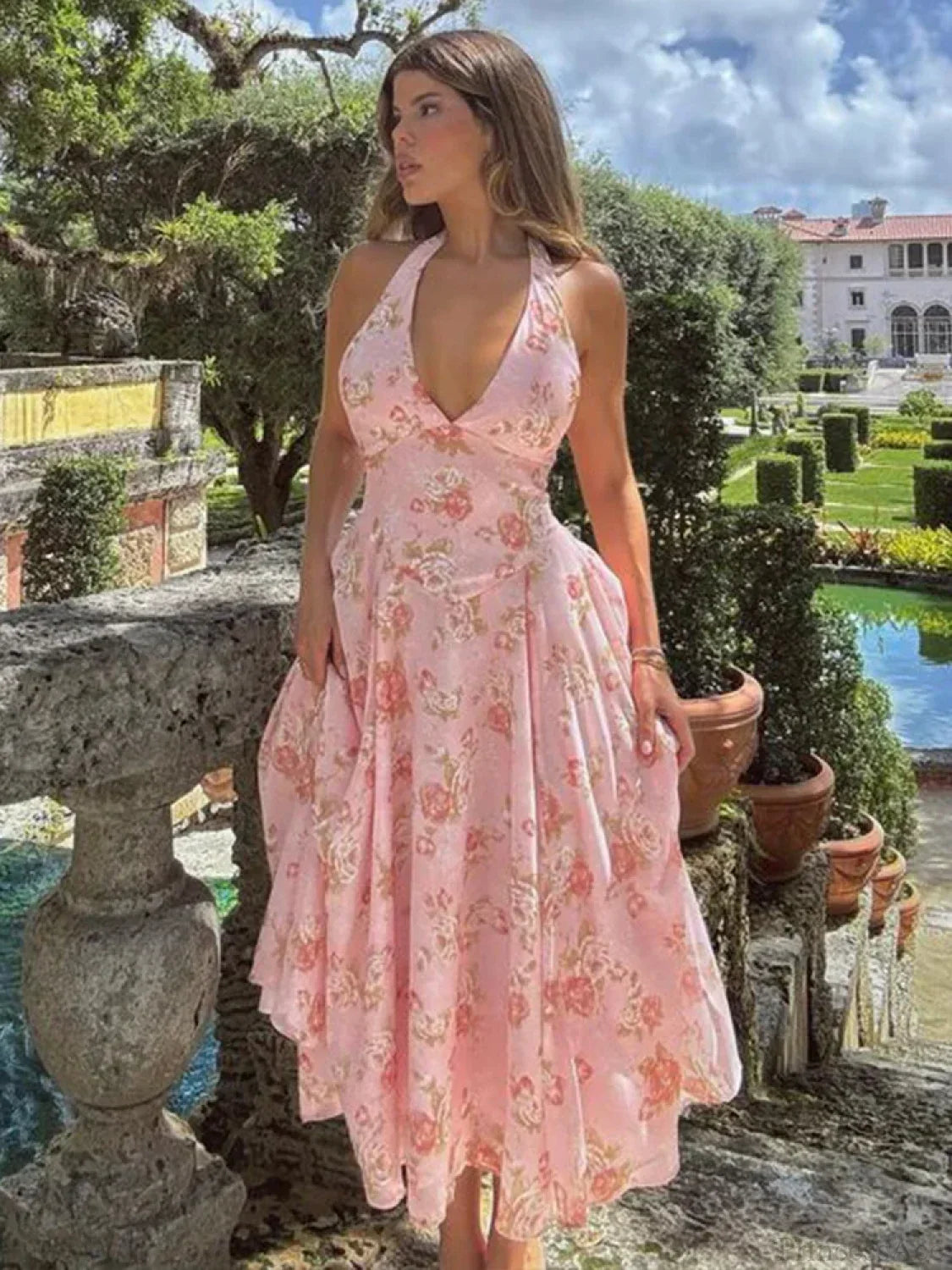 Floral Print Waist Wrap A-line Vacation Dress image 3