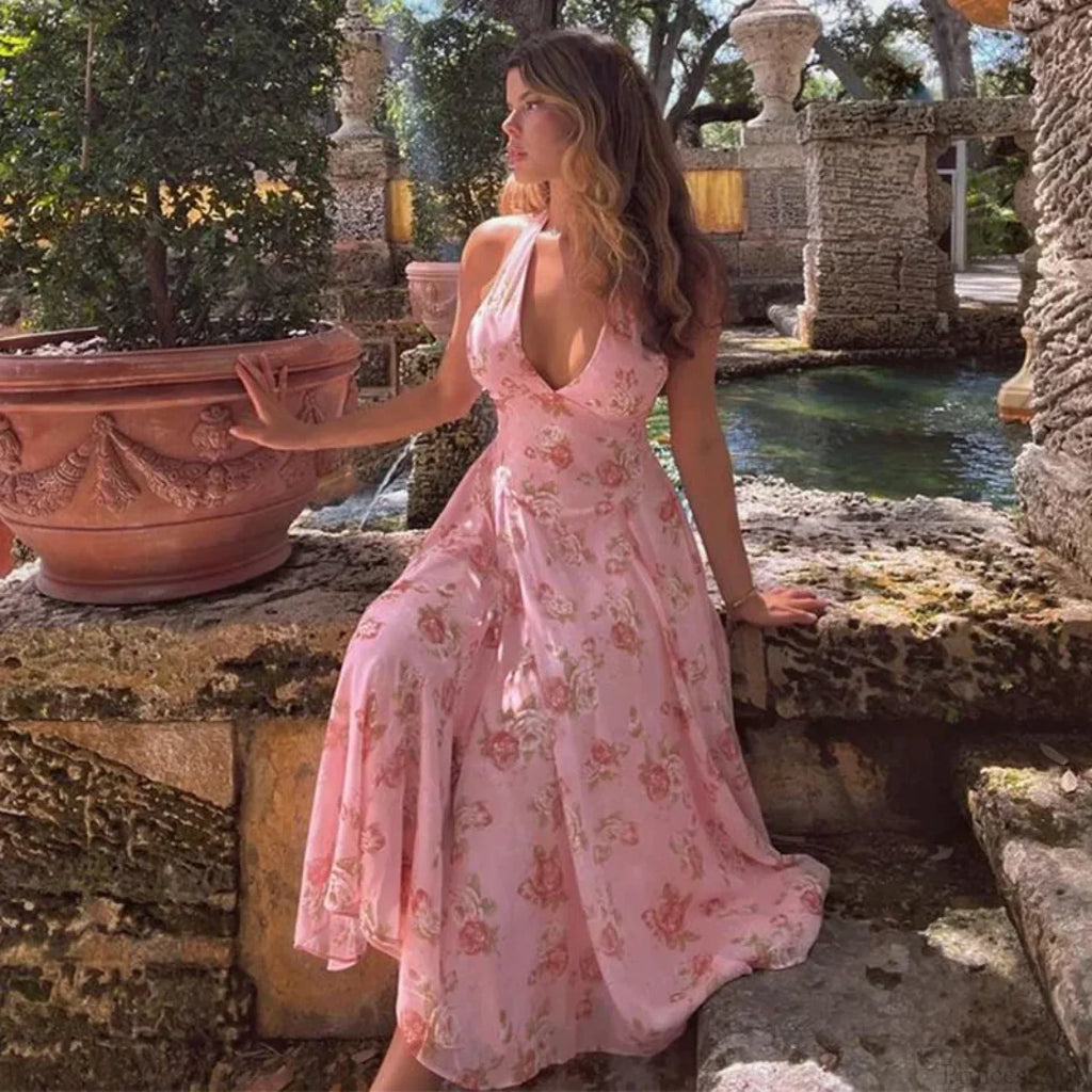 Floral Print Waist Wrap A-line Vacation Dress image 5