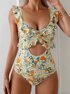 Floral Ruffle Hollow One Piece Swimsuit image 2
