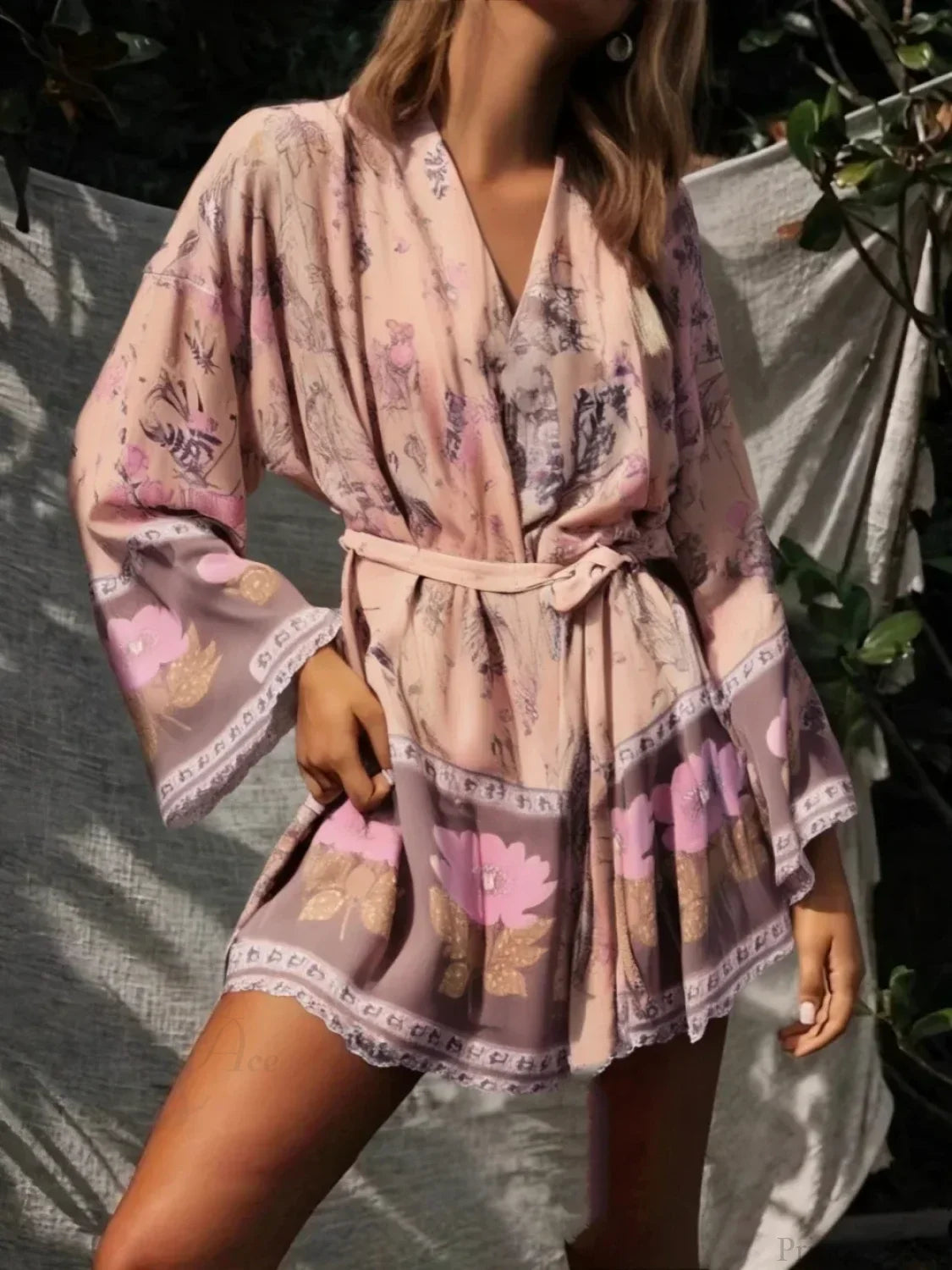Floral Sashes Bat Sleeve Boho Kimono Dress image 3