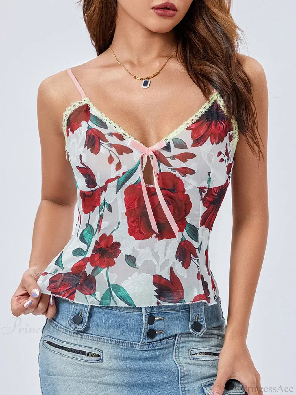 Floral Spaghetti Strap Bandage Lace Trim V-neck Camisole image 5