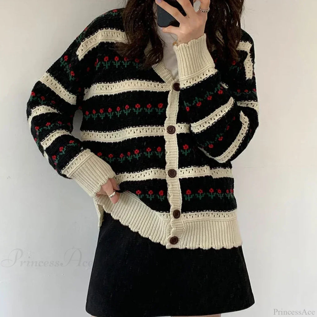 Floral Striped Textured Button Front Cardigan image 3