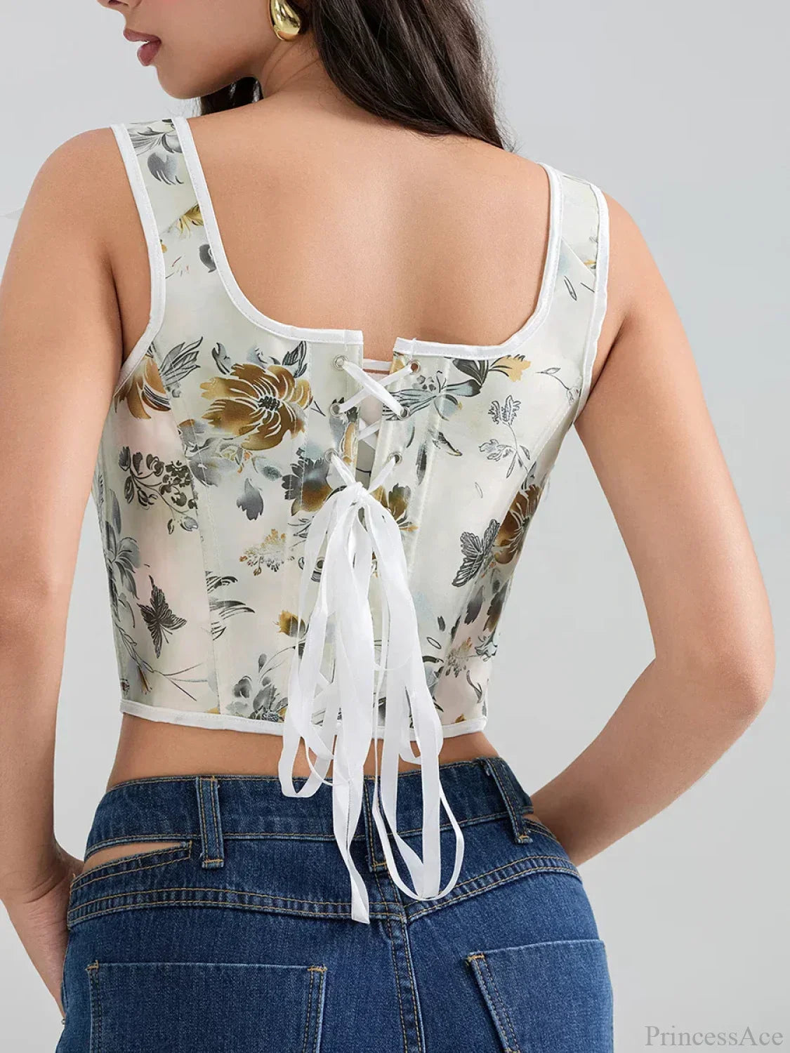 Floral Tie-back Vintage Corset Square Neck Crop Top image 3