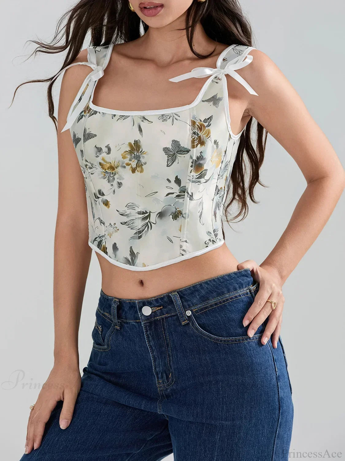 Floral Tie-back Vintage Corset Square Neck Crop Top image 6