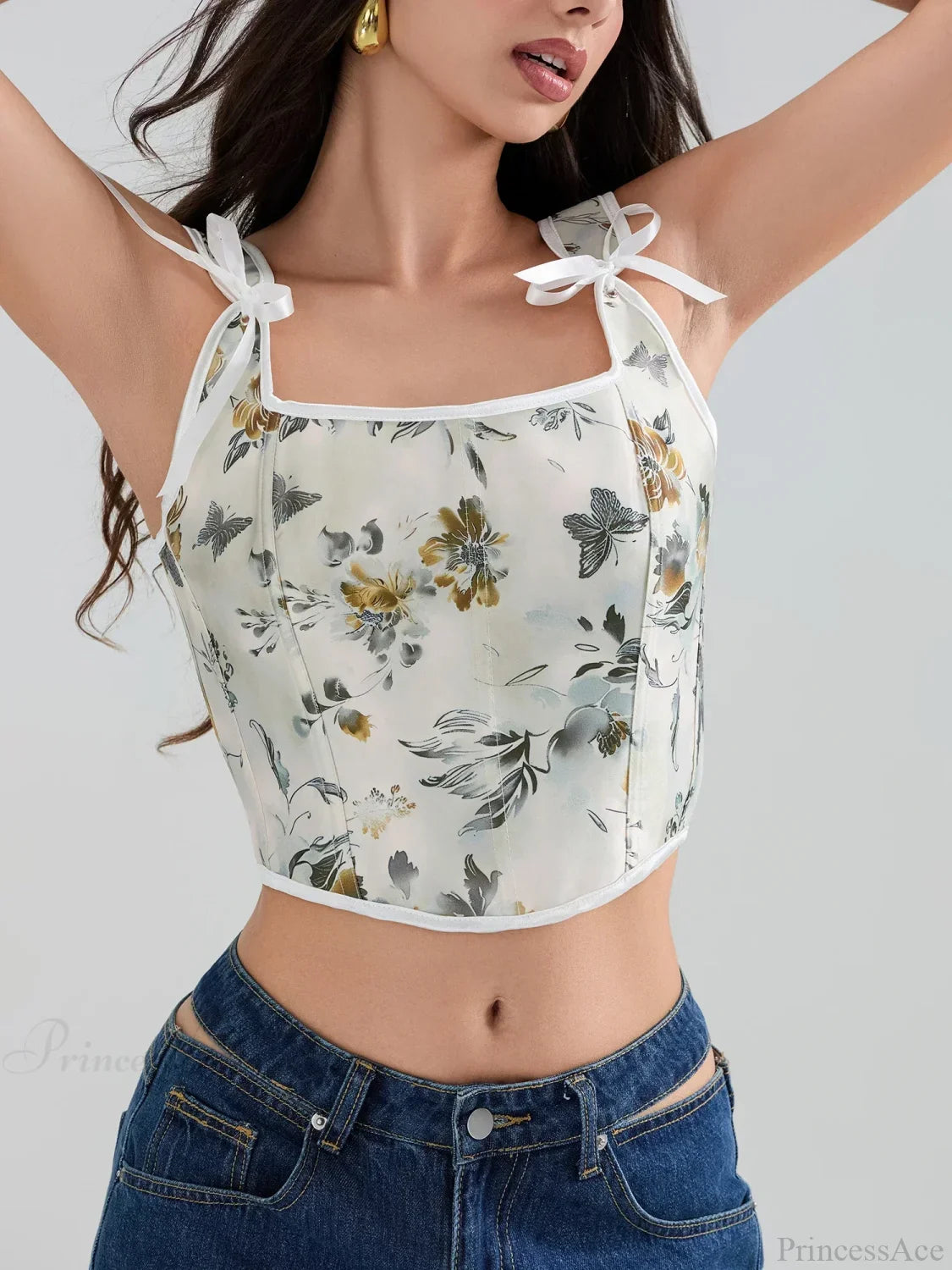 Floral Tie-back Vintage Corset Square Neck Crop Top image 4
