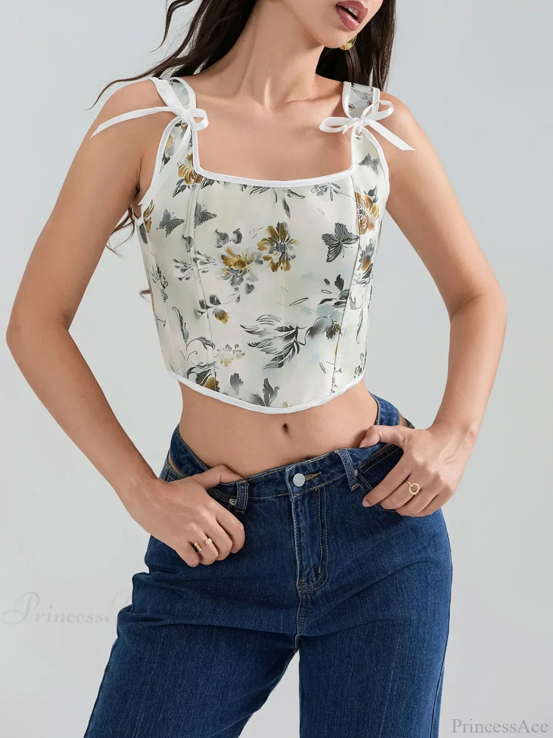 Floral Tie-back Vintage Corset Square Neck Crop Top image 1