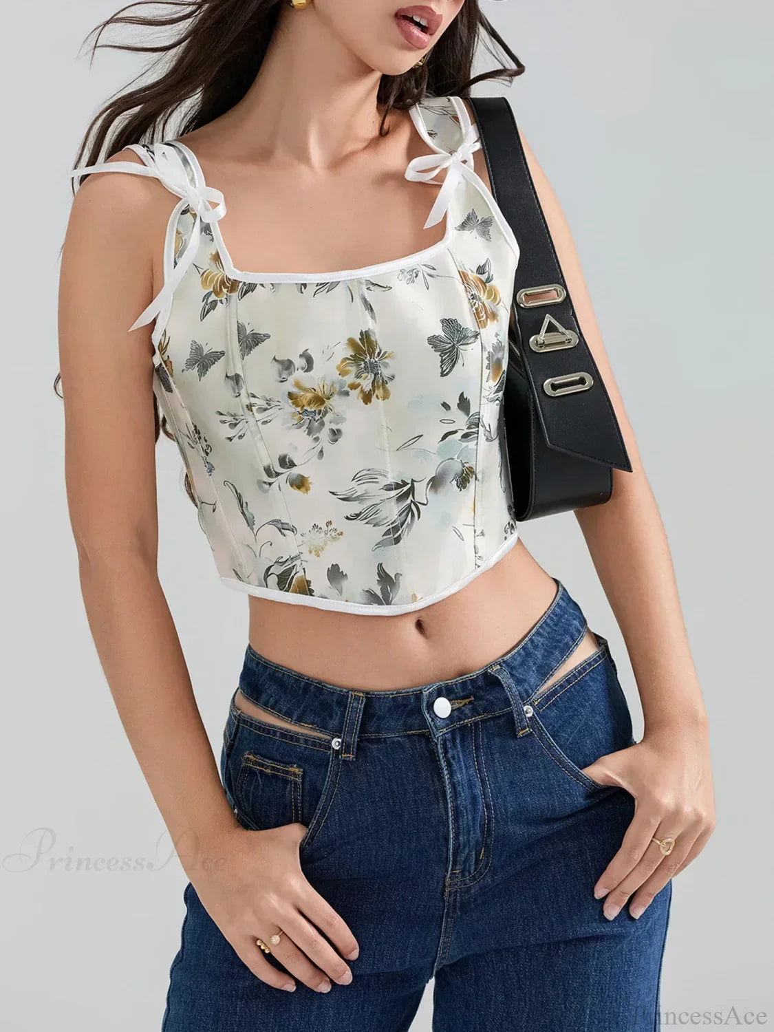 Floral Tie-back Vintage Corset Square Neck Crop Top image 2