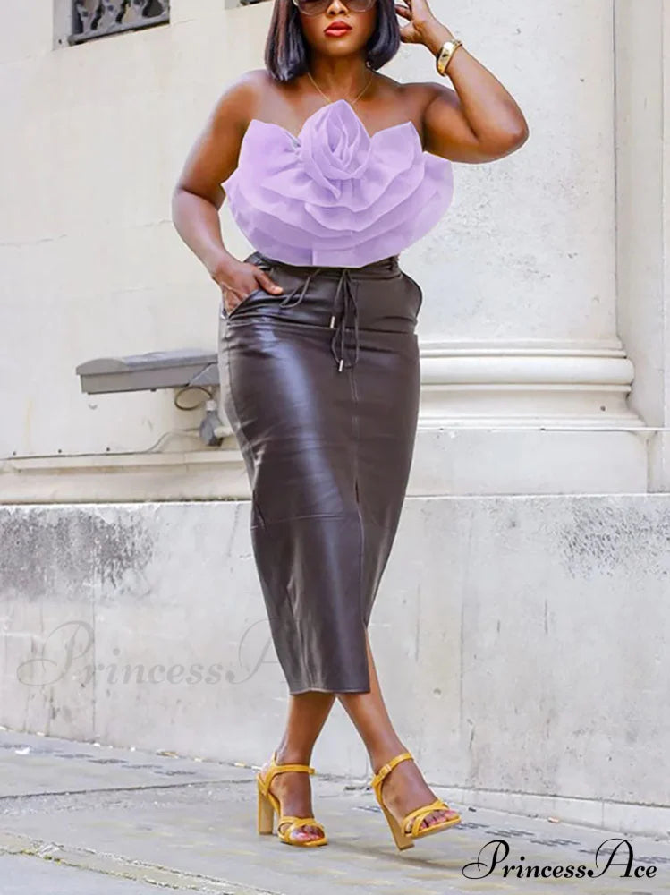 Floral Tie Strap Sheer Lace Mesh Sophisticated Scalloped Crop Tube Top - Lilac image 16