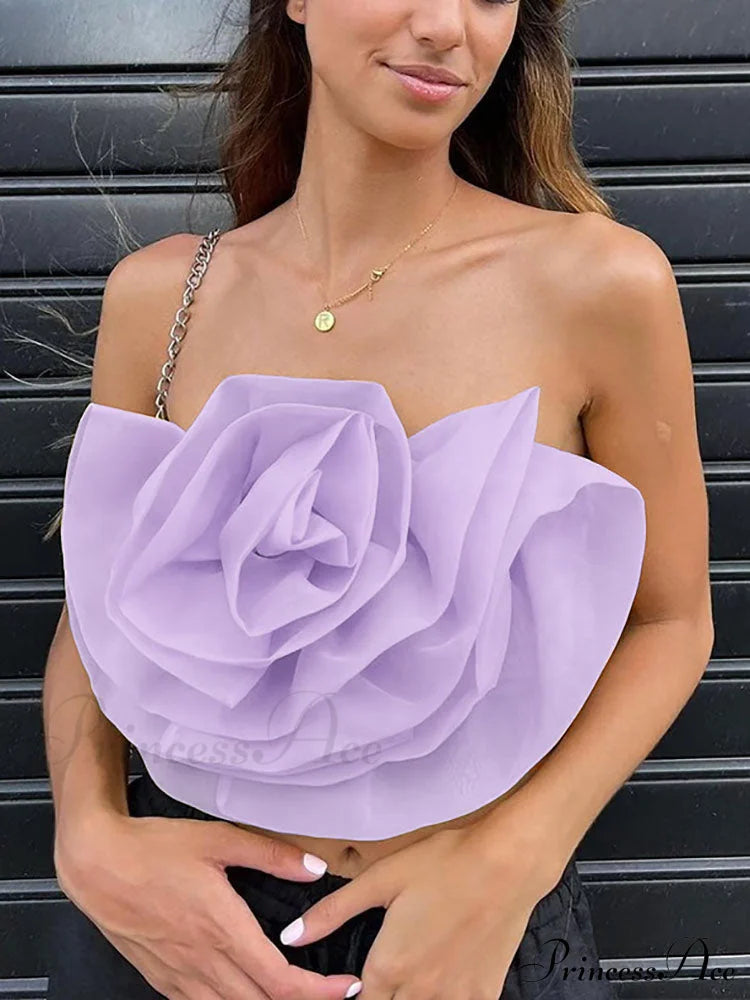 Floral Tie Strap Sheer Lace Mesh Sophisticated Scalloped Crop Tube Top - Lilac image 19