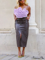 Floral Tie Strap Sheer Lace Mesh Sophisticated Scalloped Crop Tube Top - Lilac image 17