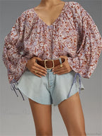 Floral Tie-Up Flare Sleeve Boho Blouse image 2