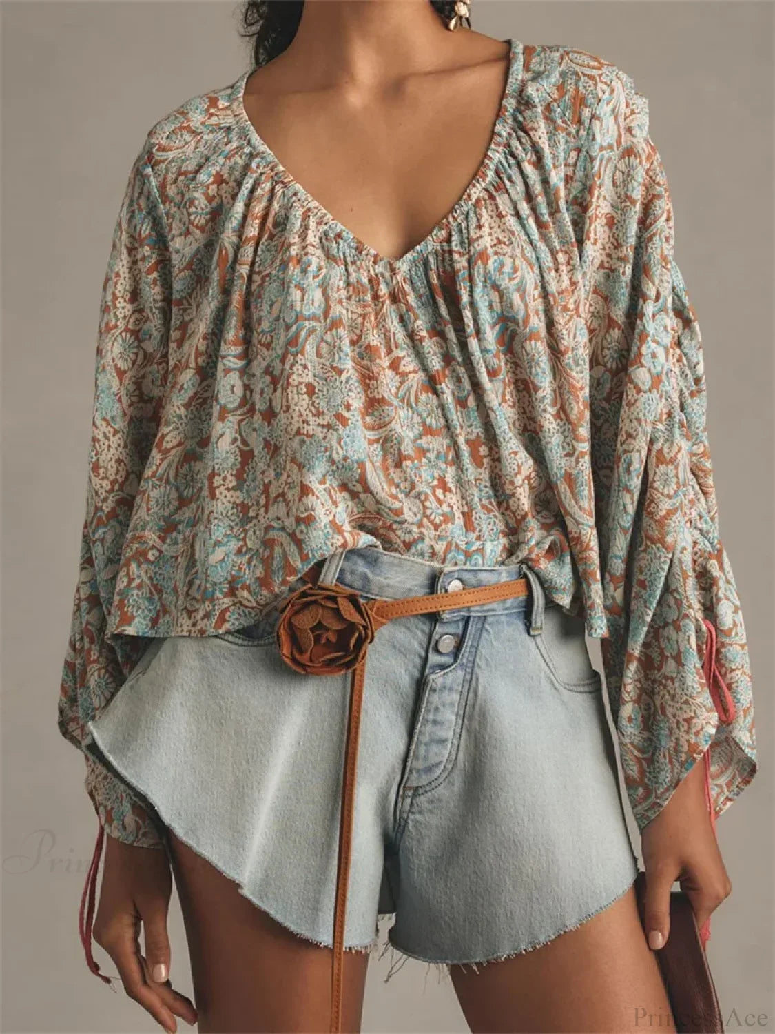 Floral Tie-Up Flare Sleeve Boho Blouse image 4
