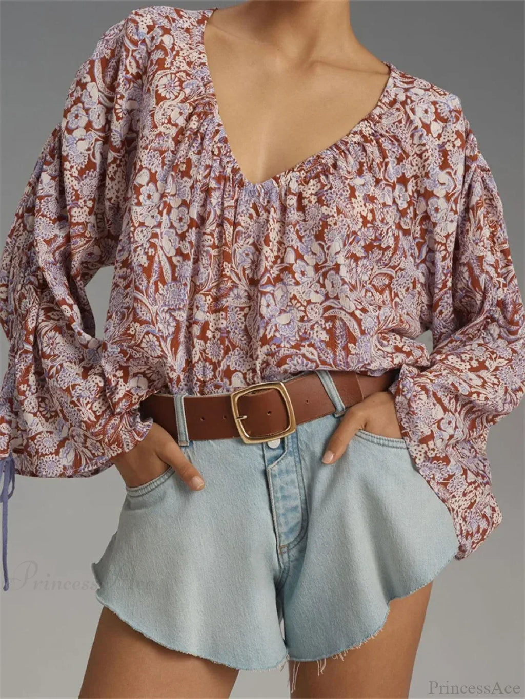 Floral Tie-Up Flare Sleeve Boho Blouse image 1