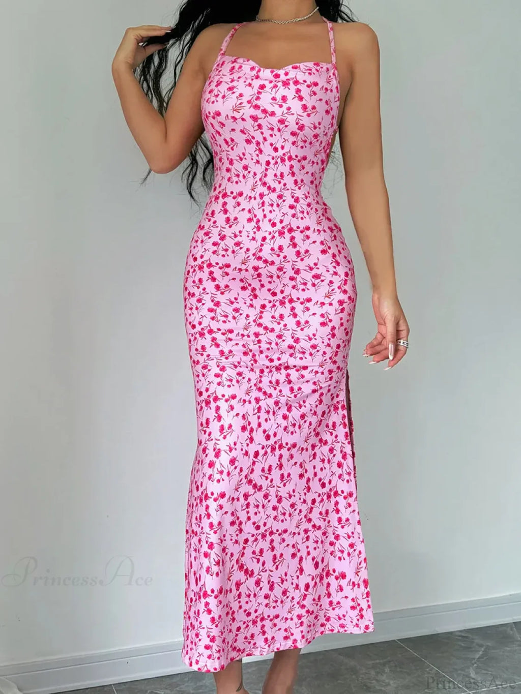 Floral Tied Backless Halter Split Floral Dress image 2
