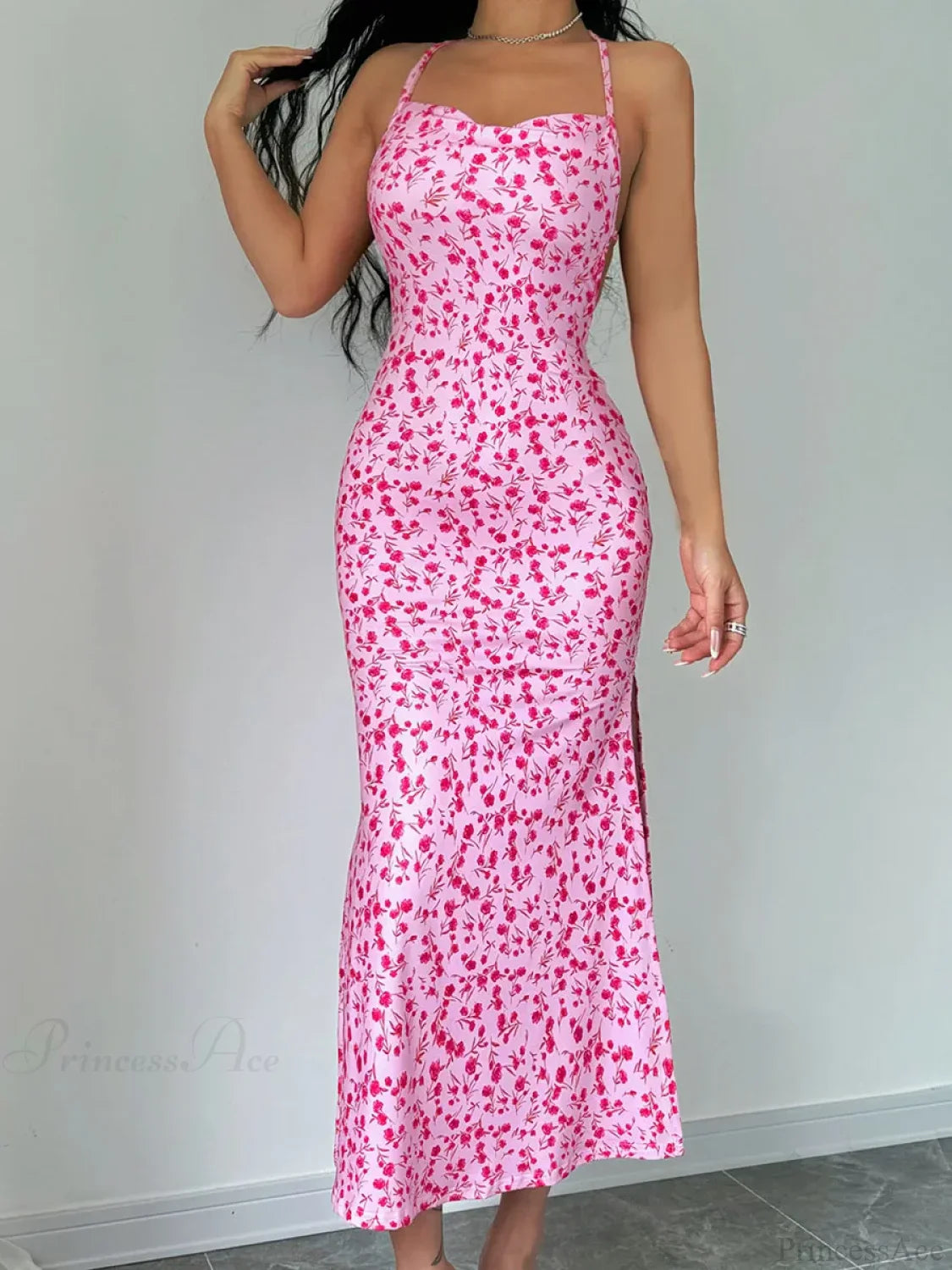 Floral Tied Backless Halter Split Floral Dress image 2
